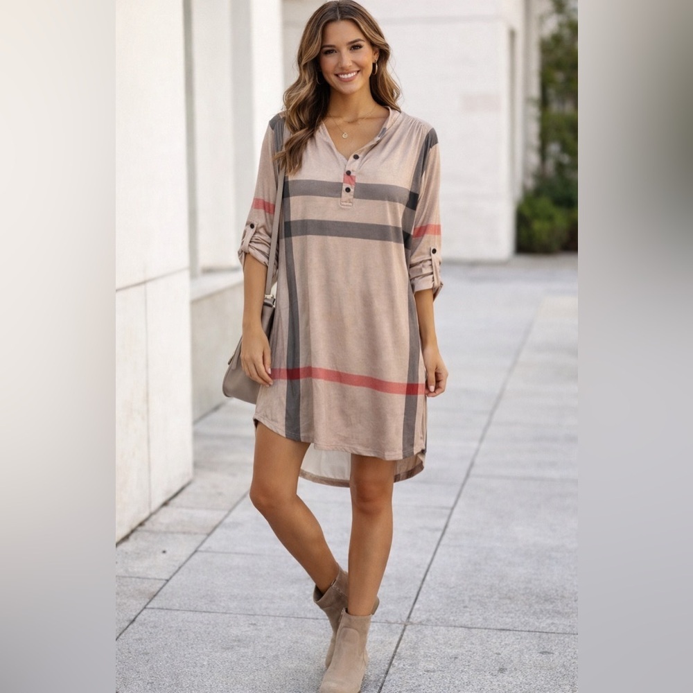 Striped Beige and Pink Tunic Tshirt Dress - Picture 1 of 3